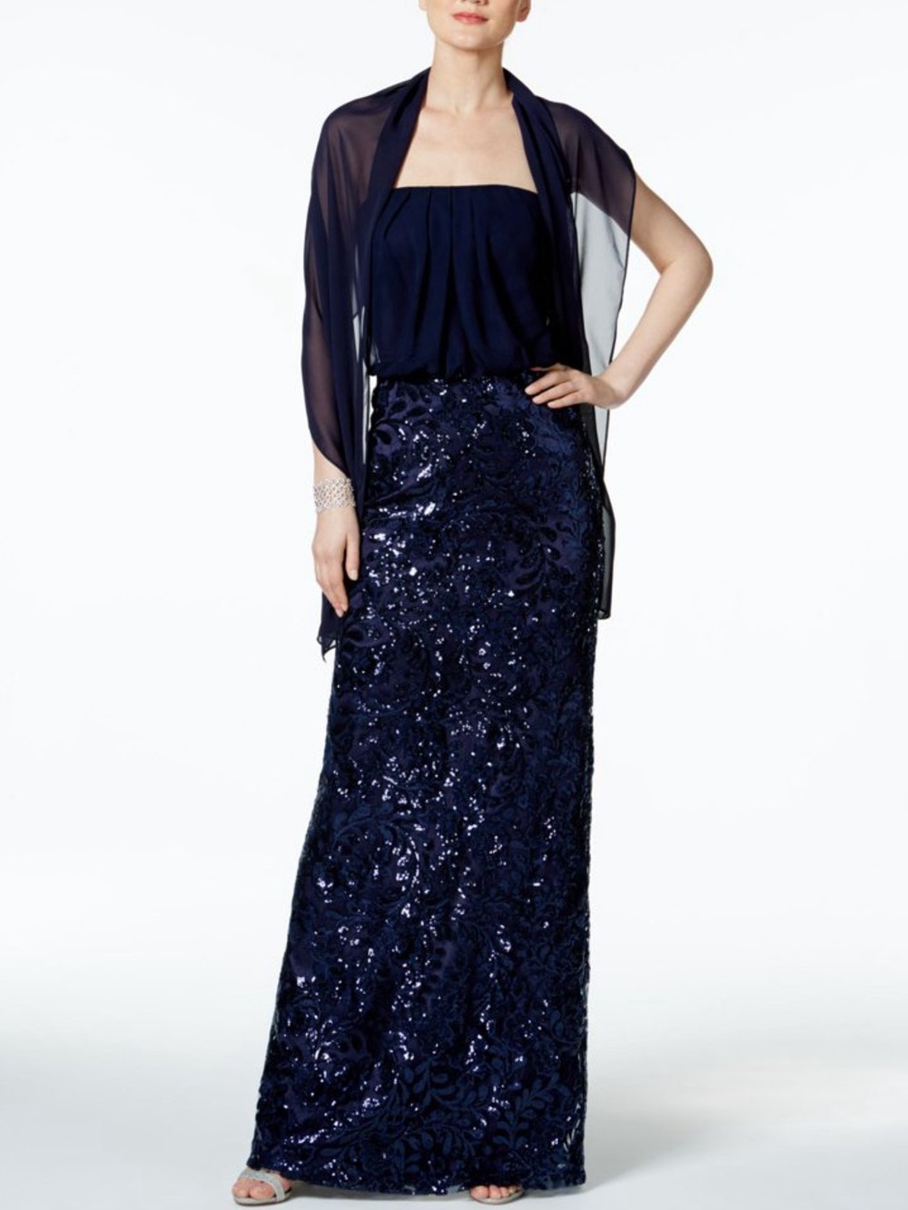 Vince Camuto Navy Strapless Sequin Lace Gown